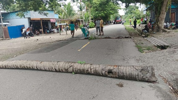 Warga saat melakukan pemalangan Jalan Poros Pomako diduga akibat anjingnya dipotas oleh OTK. Foto: Istimewa