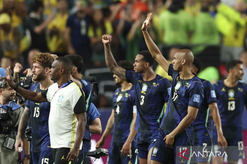 Sejumlah pesepak bola Brasil berselebrasi usai timnya menang atas Haiti dalam pertandingan Grup C Piala Dunia FIFA 2026 di Stadion Philadelphia di Philadelphia, Amerika Serikat, Sabtu (20/6/2026). ANTARA FOTO/Xinhua/Hu Xingyu/nym.