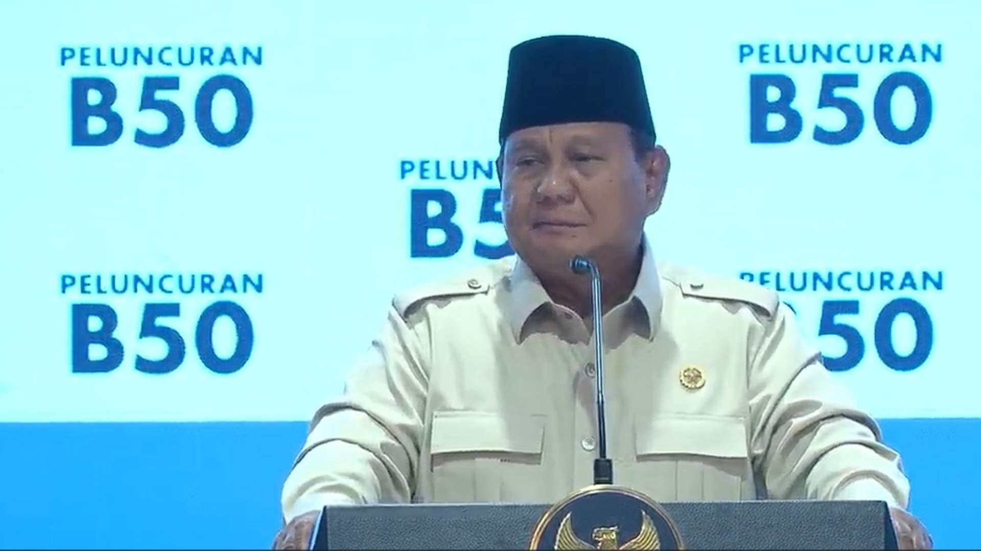 Presiden Prabowo Subianto menyampaikan sambutan saat peluncuran Program Mandatori Biodiesel B50, Kamis (9/7/2026). Foto: Screenshot Youtube Kementerian ESDM