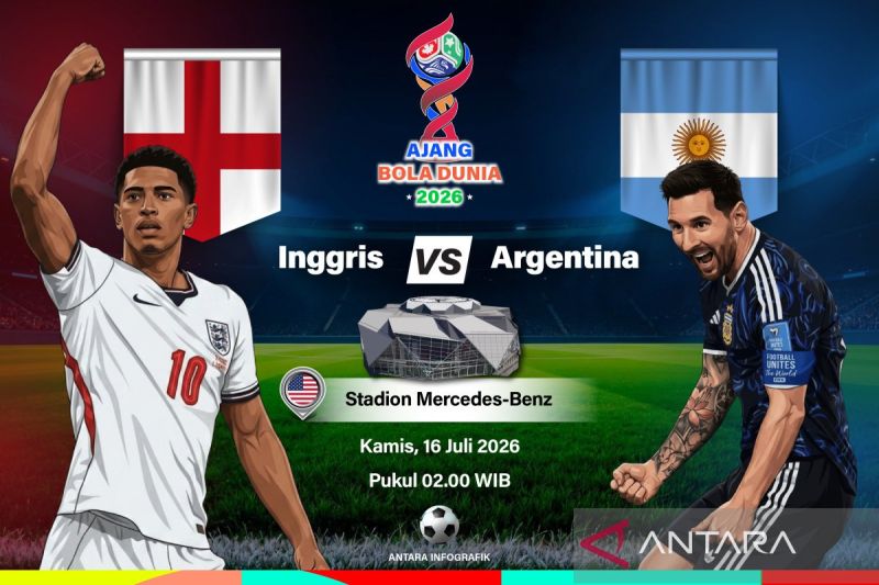 Grafik ilustrasi pertandingan semifinal Piala Dunia 2026 antara Inggris dan Argentina yang dijadwalkan berlangsung di Stadion Mercedes-Benz, Atlanta, Georgia, Amerika Serikat, Rabu (15/7/2026) waktu setempat. ANTARA INFOGRAFIK/Vintan Rahmadanti