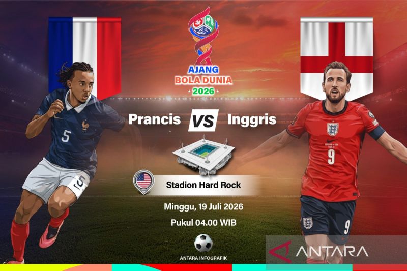 Grafik ilustrasi pertandingan perebutan tempat ketiga Piala Dunia 2026 antara Prancis melawan Inggris yang dijadwalkan berlangsung di Stadion Hard Rock, Miami, Florida, Amerika Serikat, Sabtu (18/7/2026) waktu setempat. ANTARA INFOGRAFIK/Vintan Rahmadanti