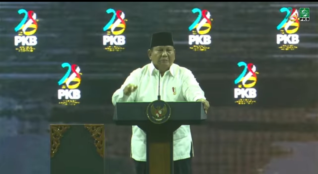 Presiden Prabowo Subianto berpidato pada puncak peringatan Hari Lahir ke-28 PKB di Jakarta Convention Center pada 23 Juli 2026. Foto: ss youtube dpp pkb